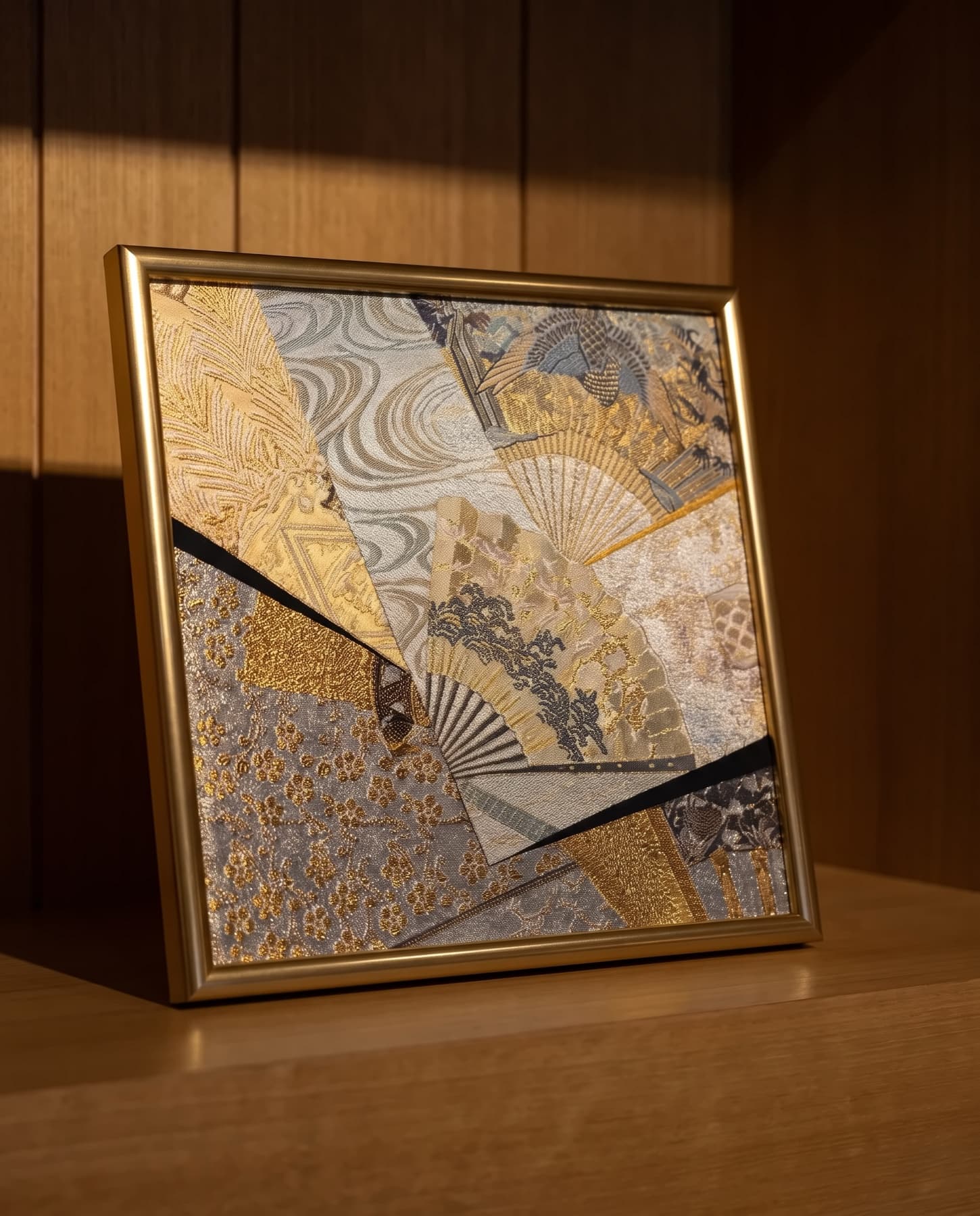 From an angle — the texture of the weave and the gold thread
